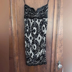 Diane‎ von Furstenberg Black Cream Print Velvet Strapless Dress Women XS